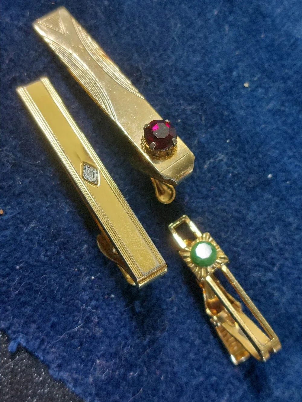 VTG Gemstone Tie Clip Lot of 3 - Art Deco Red Stone, Green Cabachon, Rhinestone
